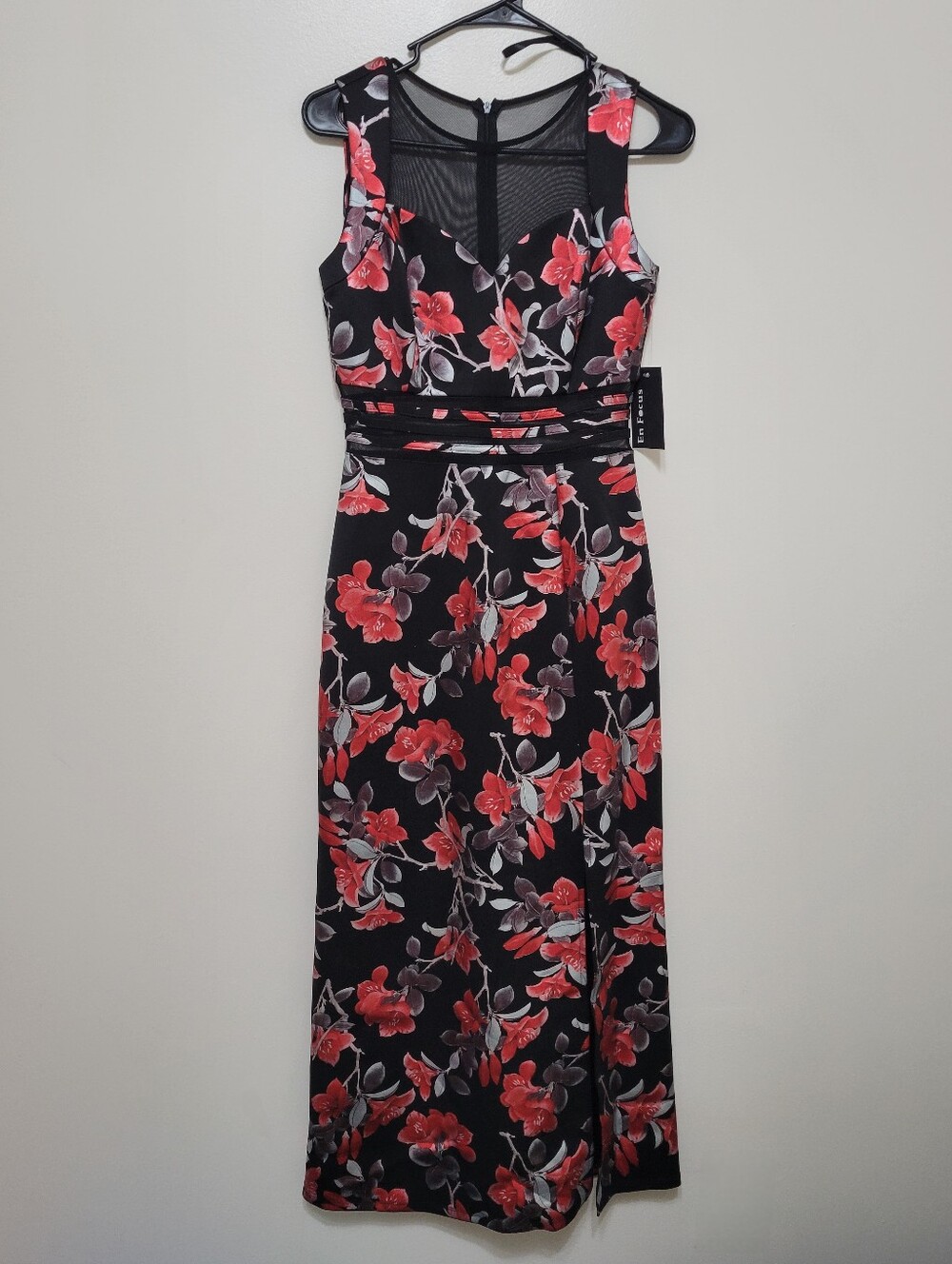 NWT Black & Red Metallic Floral Dress with Sheer Mesh Insert